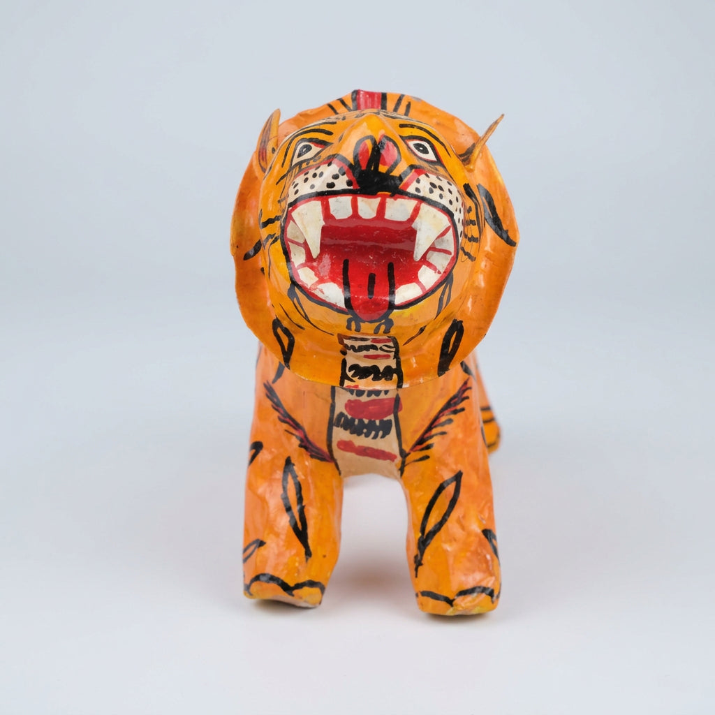Orange Bobblehead Tiger Pattachitra Showpiece – Handmade Paper Mache, 7 Inch
