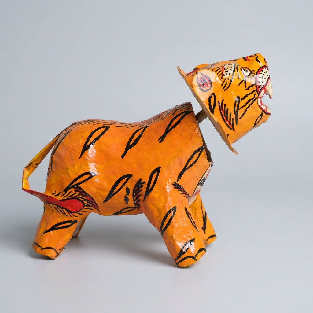 Orange bobblehead tiger Pattachitra papier mache showpiece 7 inch – KalaKart