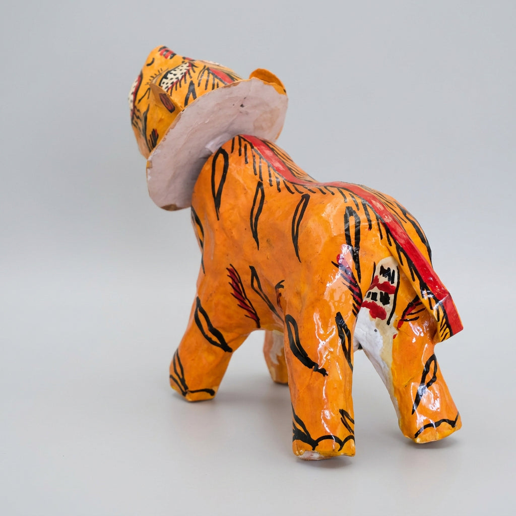 Orange bobblehead tiger Pattachitra papier mache showpiece 7 inch back