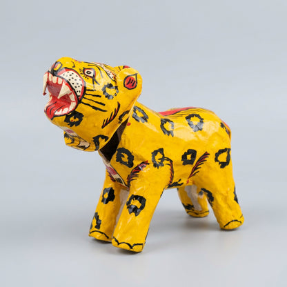 Yellow Bobblehead Tiger Pattachitra Showpiece – Handmade Paper Mache, 7 Inch