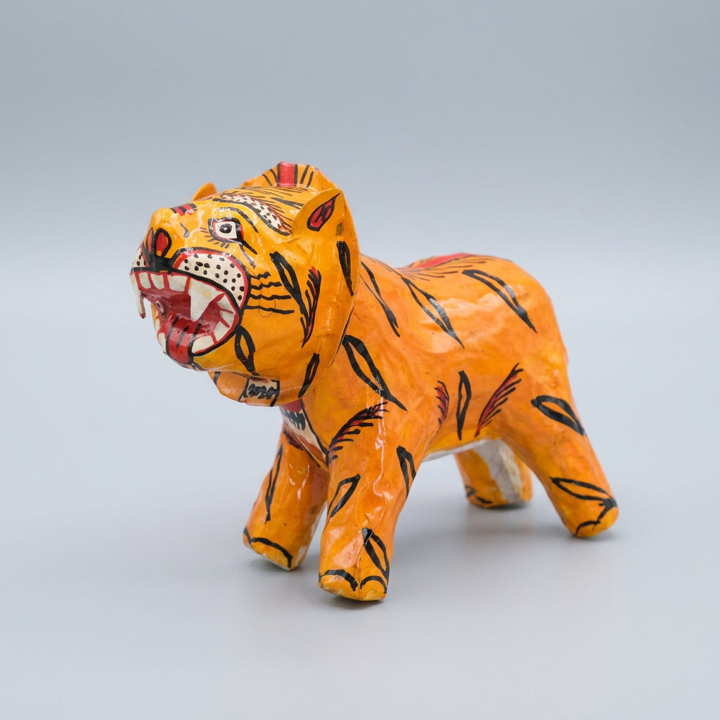 Orange bobblehead tiger Pattachitra paper mache showpiece 7 inch – KalaKart