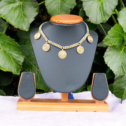 Handcrafted Dhokra golden beaded necklace featuring a circular design; ethically made by Odisha artisans using ancient lost-wax casting. A sustainable everyday statement piece for white linen shirts or tunics by KalaKart
