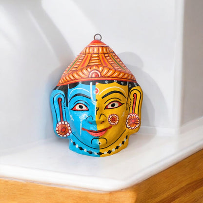 Yellow Blue Radha Krishna Pattachitra Mask – Handmade Paper Mache Wall Hanging, 6 Inch